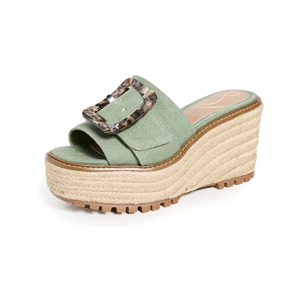 SAM EDELMAN Womens Green Platform Buckle Accent Livi Round Toe Espadrille SZ 10